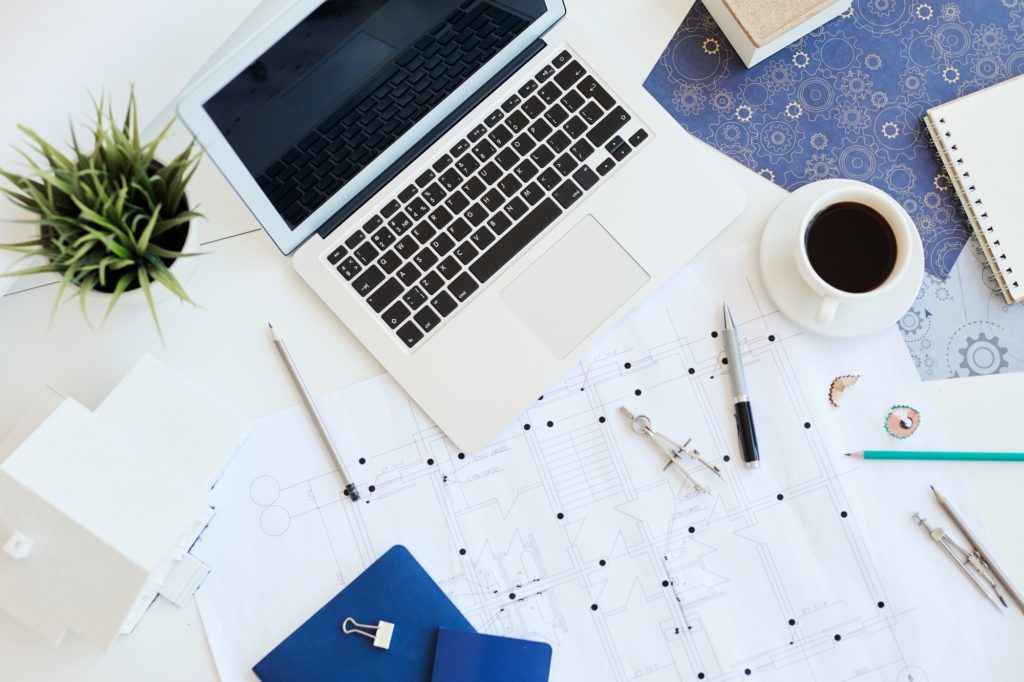 Engineering sketches on table